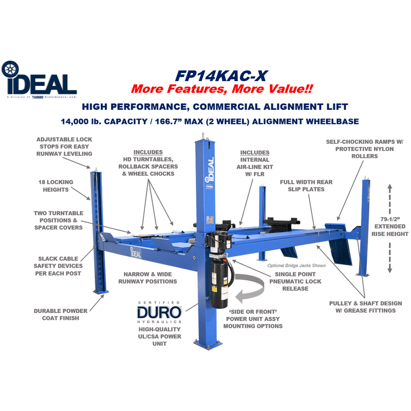 iDEAL FP14KAC-X -4 Post Alignment Lift 182.5" WB (Closed Front / Cable Pull) Product Features