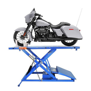 iDEAL Elec-Hydra Motorcycle Lift Bench w/Integrated Motor & Retractable Ramp with motorcycle