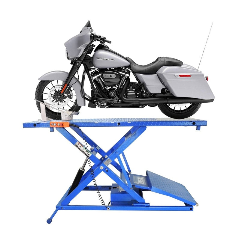 iDEAL Elec-Hydra Motorcycle Lift Bench w/Integrated Motor & Retractable Ramp with motorcycle