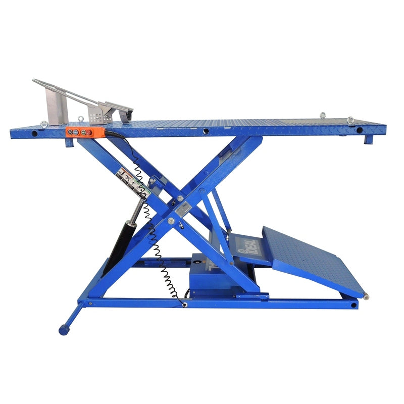 iDEAL Elec-Hydra Motorcycle Lift Bench w/Integrated Motor & Retractable Ramp in side view
