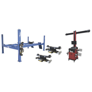 iDeal CK-FP14KACX-IWA-60-2000T-K combo with FP14KAC-X 14,000-lb 4-post alignment lift, IWA-60-2000T-K 3D wheel aligner, and Tuxedo RAJ-7K-H rolling air jack
