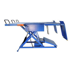Side profile of the blue UTV lift raised with pendant hanging