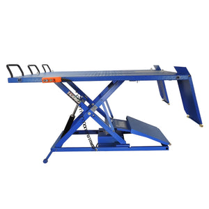 Side profile of the blue UTV lift from the offside