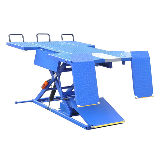 iDEAL U-2200IEH-XR UTV lift raised in blue with retractable ramp and side extensions