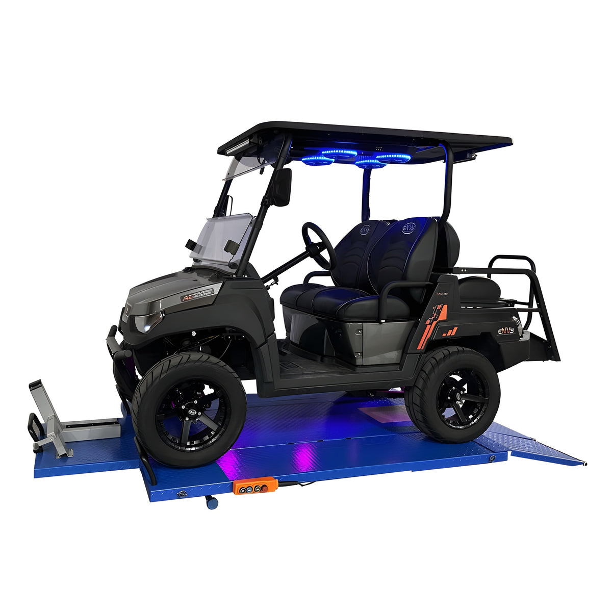 eNVy golf car on the lift with wheel chock at the front