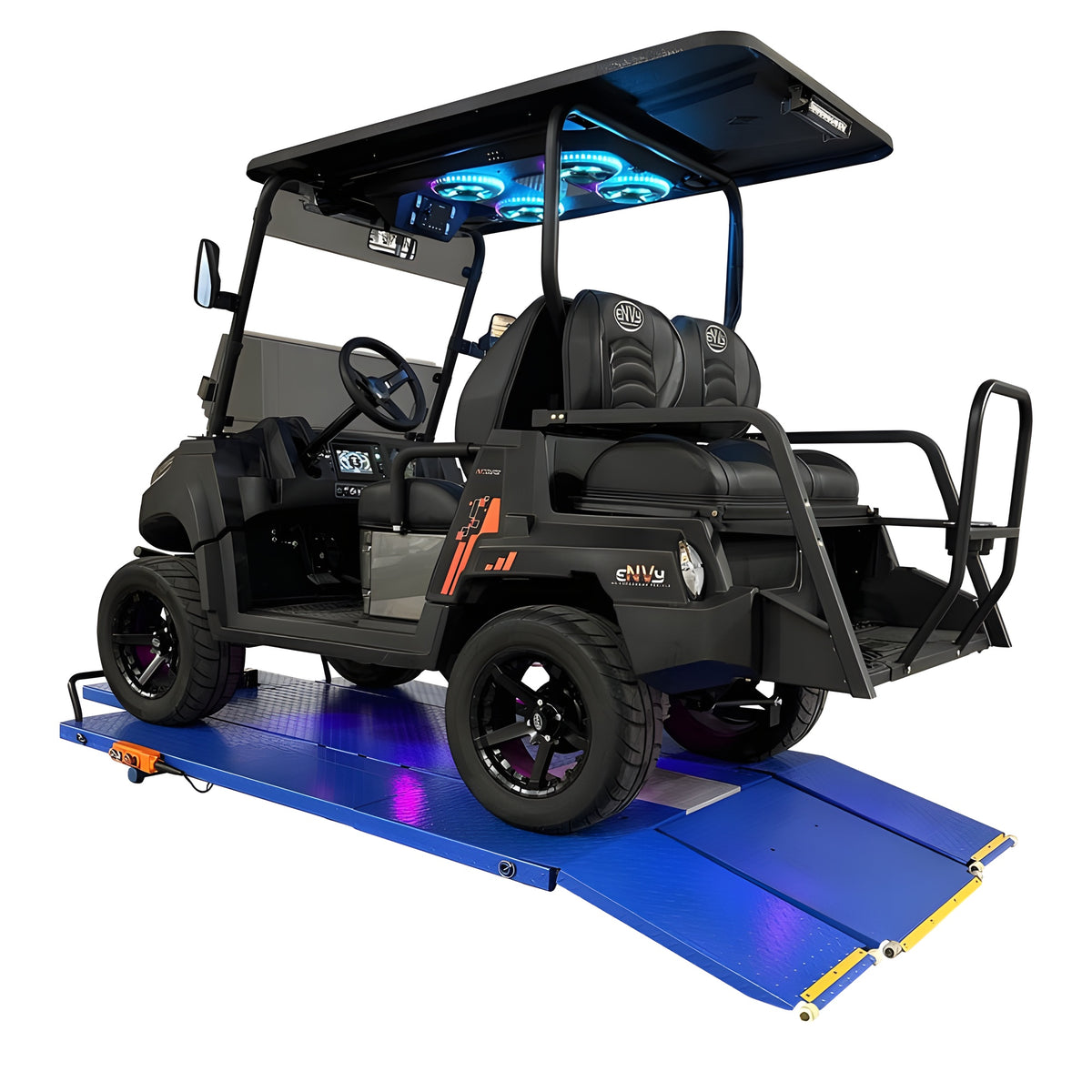 eNVy golf car loading onto the lift at ground height