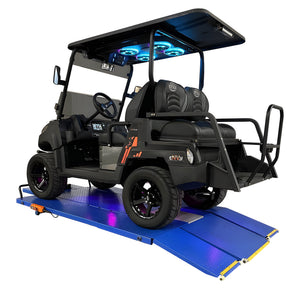 eNVy golf car loading onto the lift at ground height
