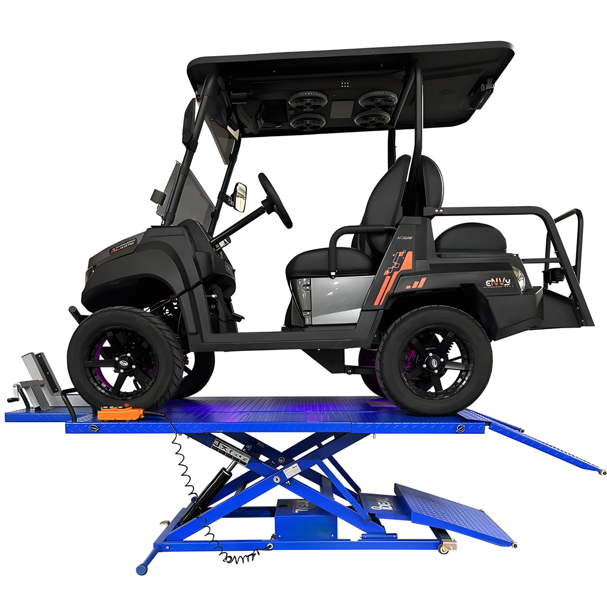 eNVy golf car side profile raised on the lift