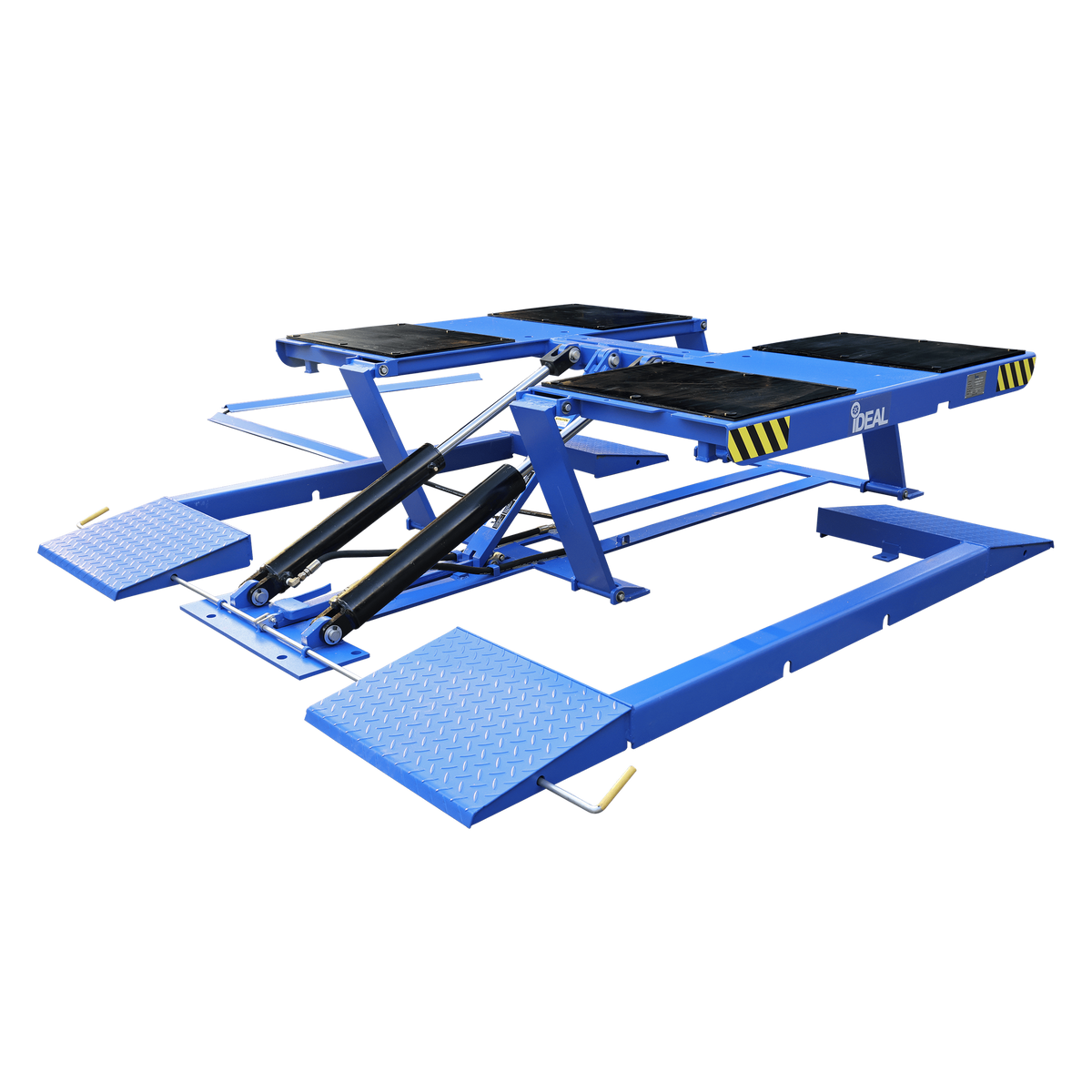 iDeal LR-10K-TLPAD 10,000-lb commercial low-rise pad lift, isometric view of platform with diamond-plate ramps