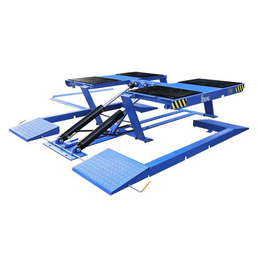 iDeal LR-10K-TLPAD 10,000-lb commercial low-rise pad lift, isometric view of platform with diamond-plate ramps