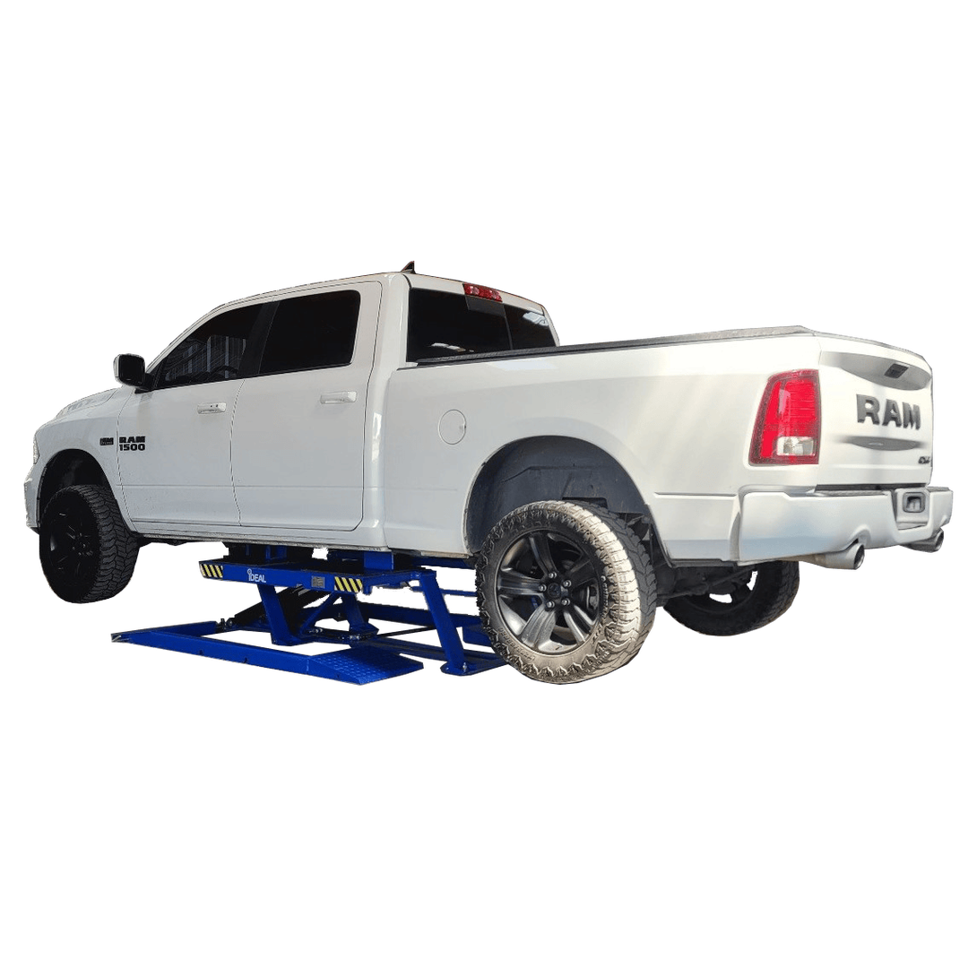 iDeal LR-10K-TLPAD raising a full-size pickup truck, demonstrating wide-vehicle clearance