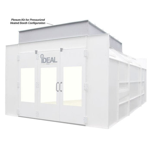 iDEAL PSB-SEMIDD26B semi downdraft paint booth shown with canopy plenum kit installed for pressurized heated configuration