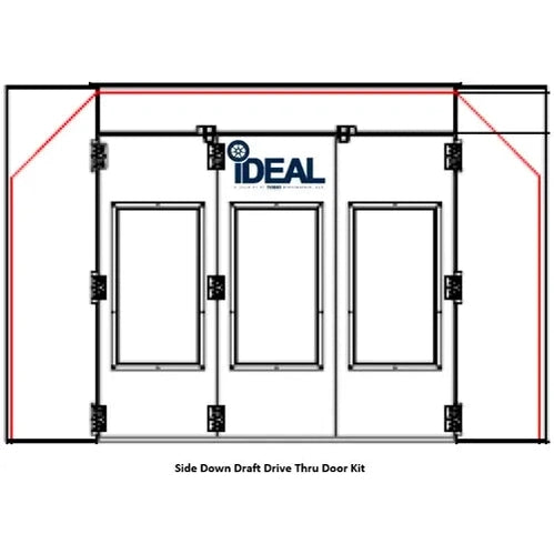 iDeal PSB-SDD-TF-DTDK-AK tri-fold drive-thru door kit shown installed at rear of side down draft spray booth