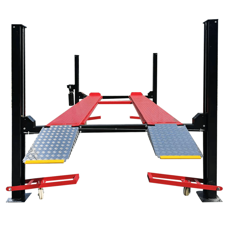 Katool 4H950 9,500lbs Heavy Duty 4 Post Parking Car lift with red beams and blue platforms on a white background