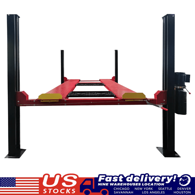 Katool 4H950 9,500lbs Heavy Duty 4 Post Parking Car lift with red platform on a white background