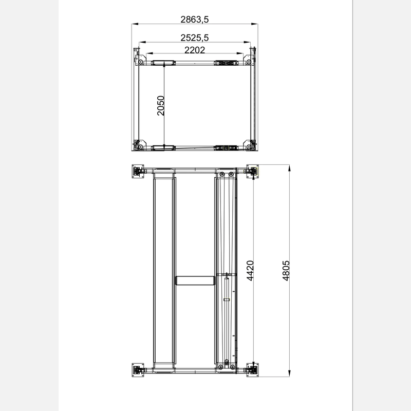 Technical drawing of Katool 4H950 9,500lbs Heavy Duty 4 Post Parking Car lift