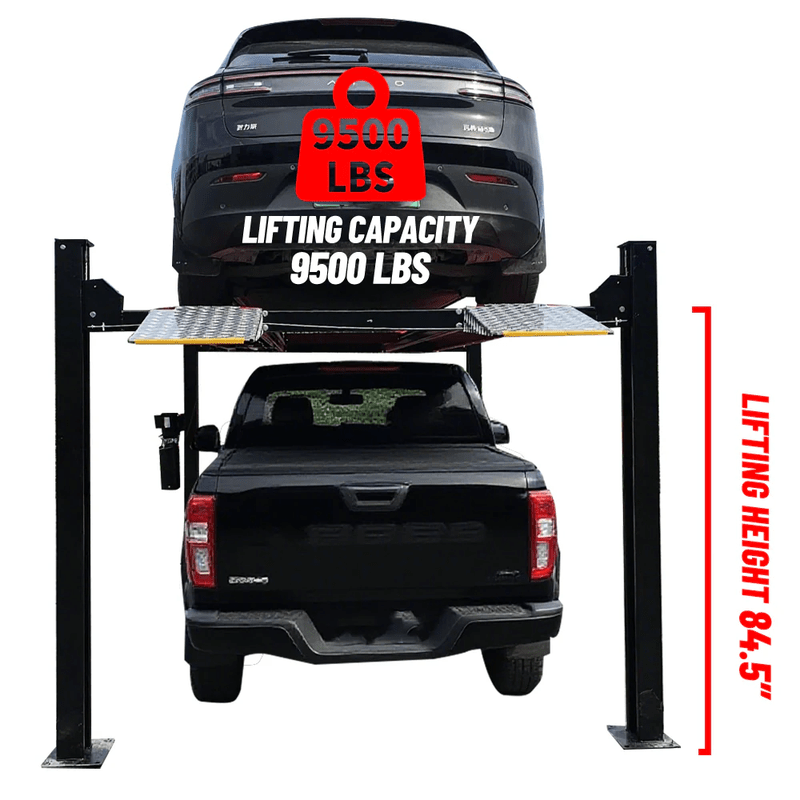 Katool 4H950 9,500lbs Heavy Duty 4 Post Parking Car lift with a car on top, displaying lifting capacity and height on a white background.