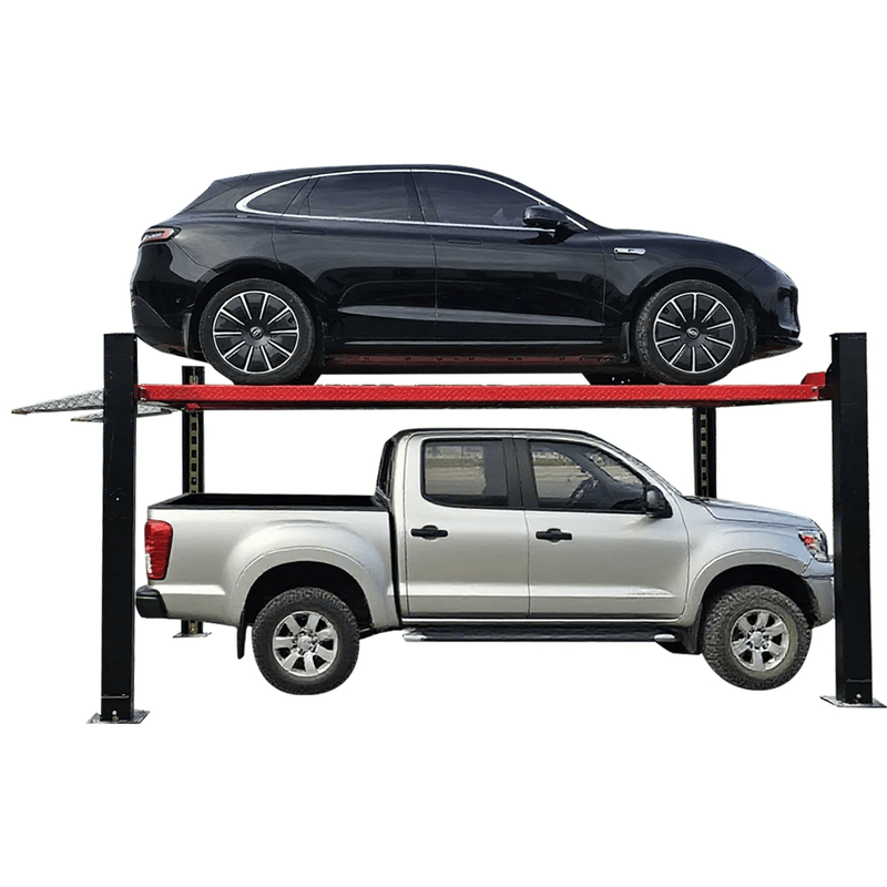 Two cars on a two-level Katool 4H950 9,500lbs Heavy Duty 4 Post Parking Car lift with a white background