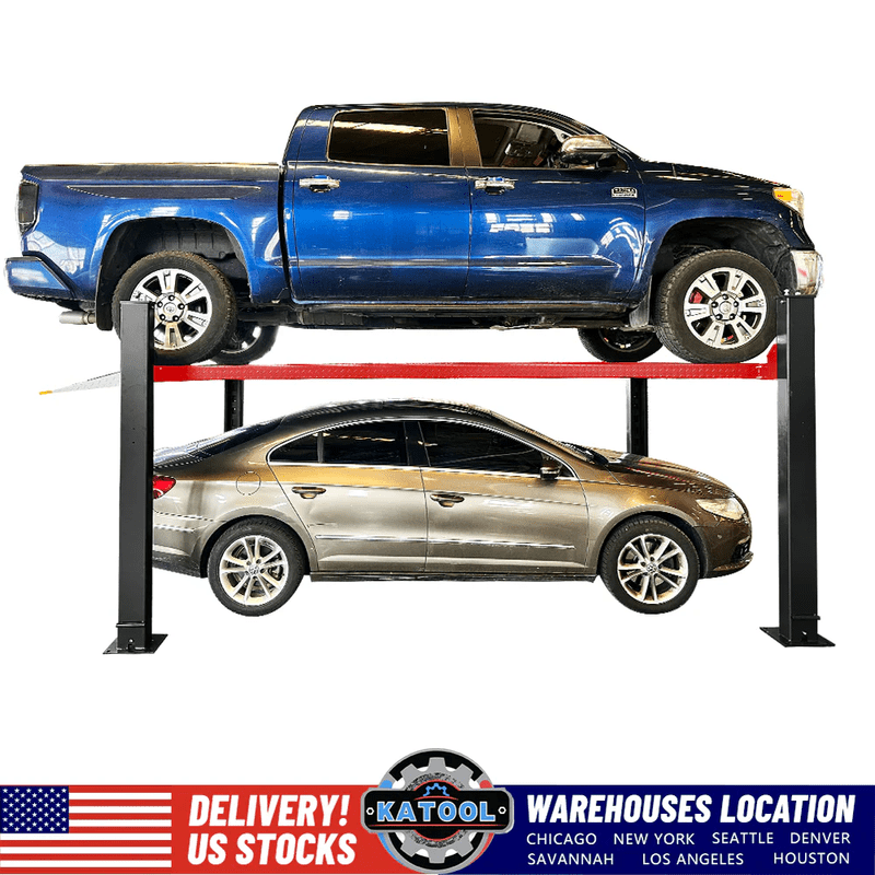Two cars on a Katool 4H950 9,500lbs Heavy Duty 4 Post Parking Car lift