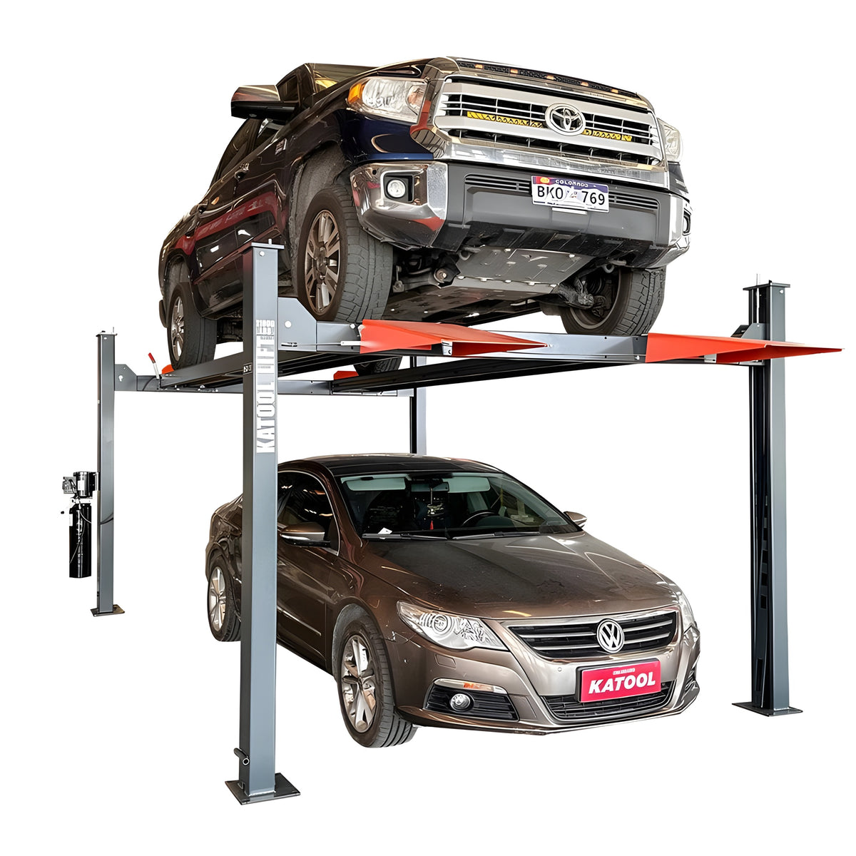 Katool KT-4H110 four-post lift with truck stored above a sedan