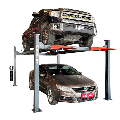 Katool KT-4H110 four-post lift with truck stored above a sedan