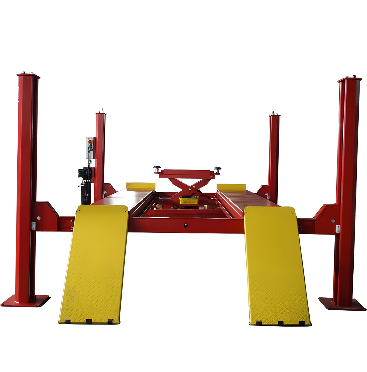 Katool KT-4H150 four-post lift front view with ramps and rolling jack