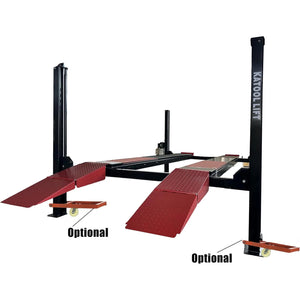 Four-post lift lowered with drive-on ramps and optional rolling caster kits