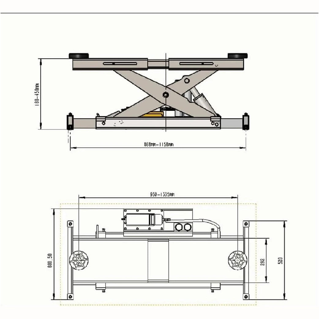 Rolling bridge jack dimensional diagram with top and side views in millimeters