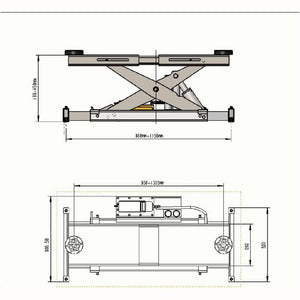 Rolling bridge jack dimensional diagram with top and side views in millimeters
