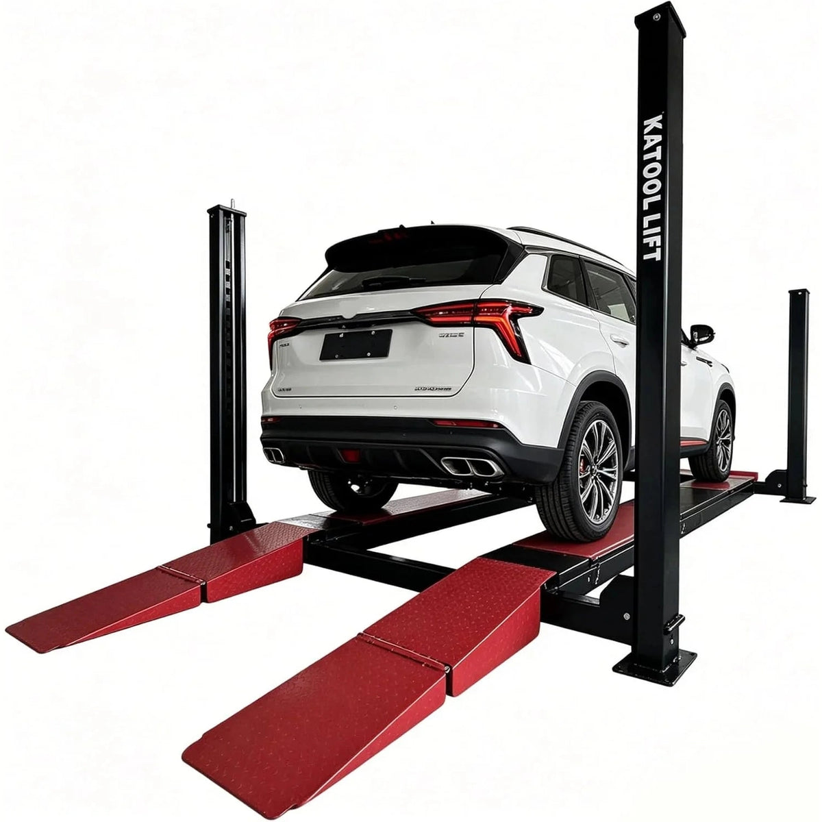 White SUV raised on the Katool KT-4M110PA four-post alignment lift