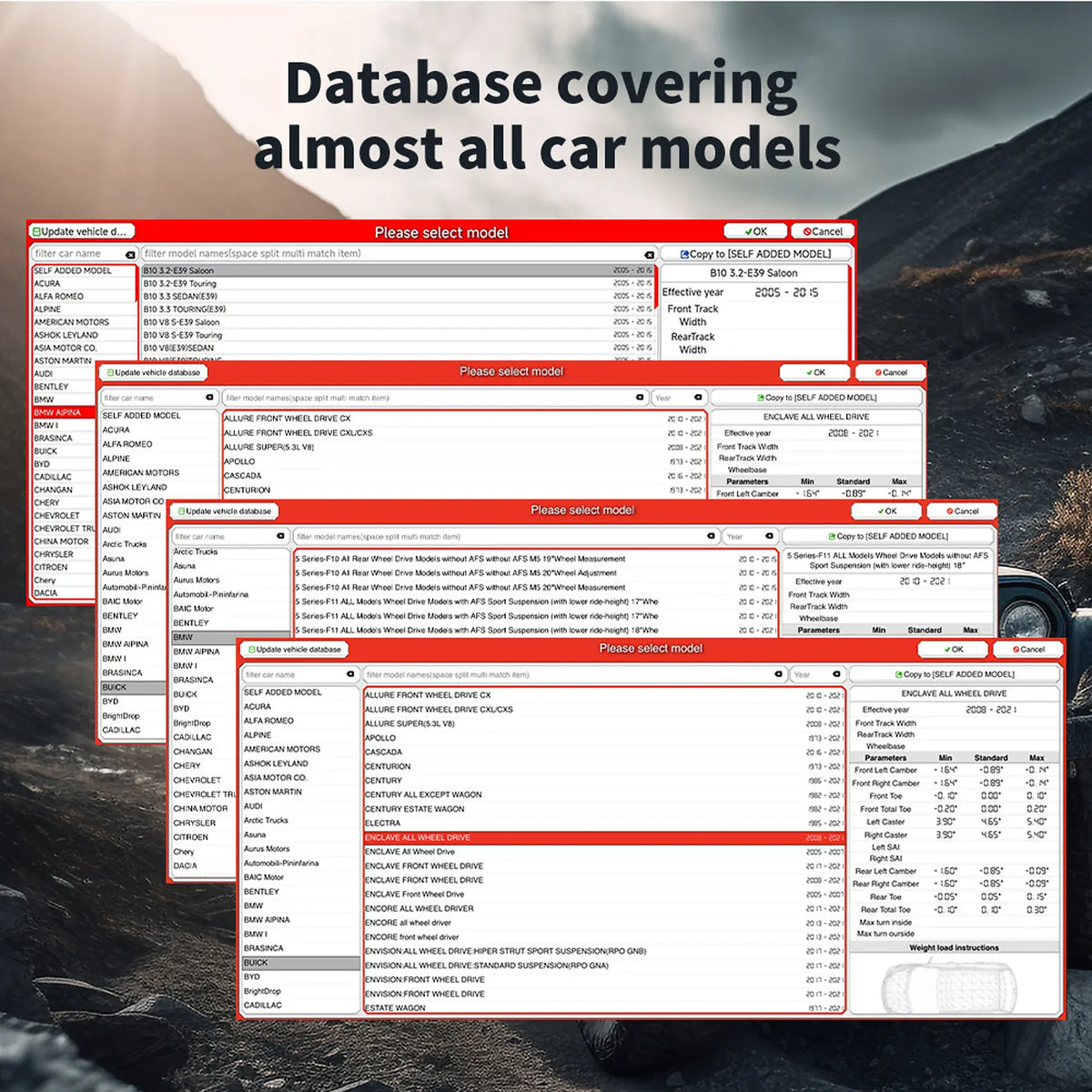 Katool KT-5DA software vehicle database covering most car makes and models with self-added option