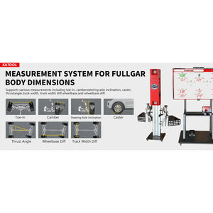Katool KT-5DA full vehicle body measurement diagrams: toe, camber, caster, SAI, thrust angle, track and wheelbase differential