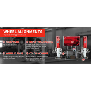 Katool KT-5DA wheel alignment system features: removable clamps, industrial camera, color monitor