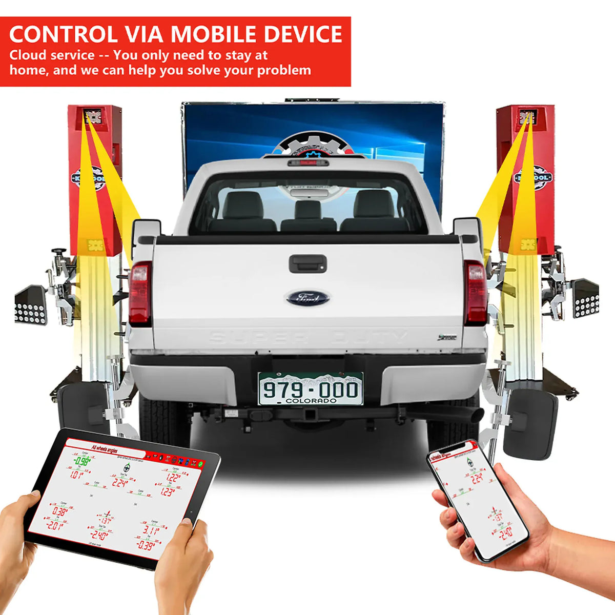 Katool KT-5DA in use behind a Ford pickup with tablet and phone showing live alignment readings