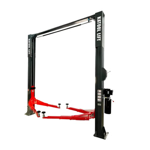 Katool KT-M140XD 14,000 lb 2-post overhead lift, front view with KATOOL LIFT branded columns