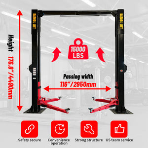 Katool KT-M150D in-shop view with 15,000 lb capacity, 176.8" height, and 116" passing-width callouts