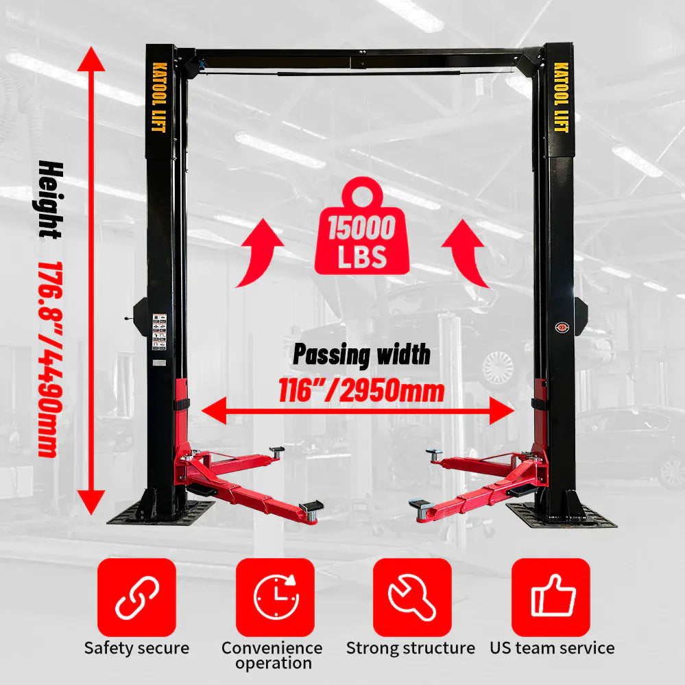 Katool KT-M150D in-shop view with 15,000 lb capacity, 176.8" height, and 116" passing-width callouts