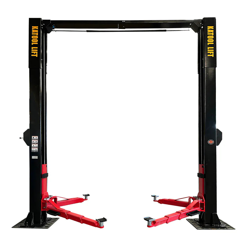 Katool KT-M150D 15,000 lb two post lift, front view with arms folded