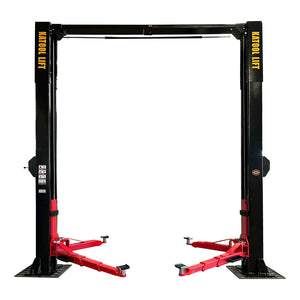 Katool KT-M150D 15,000 lb two post lift, front view with arms folded