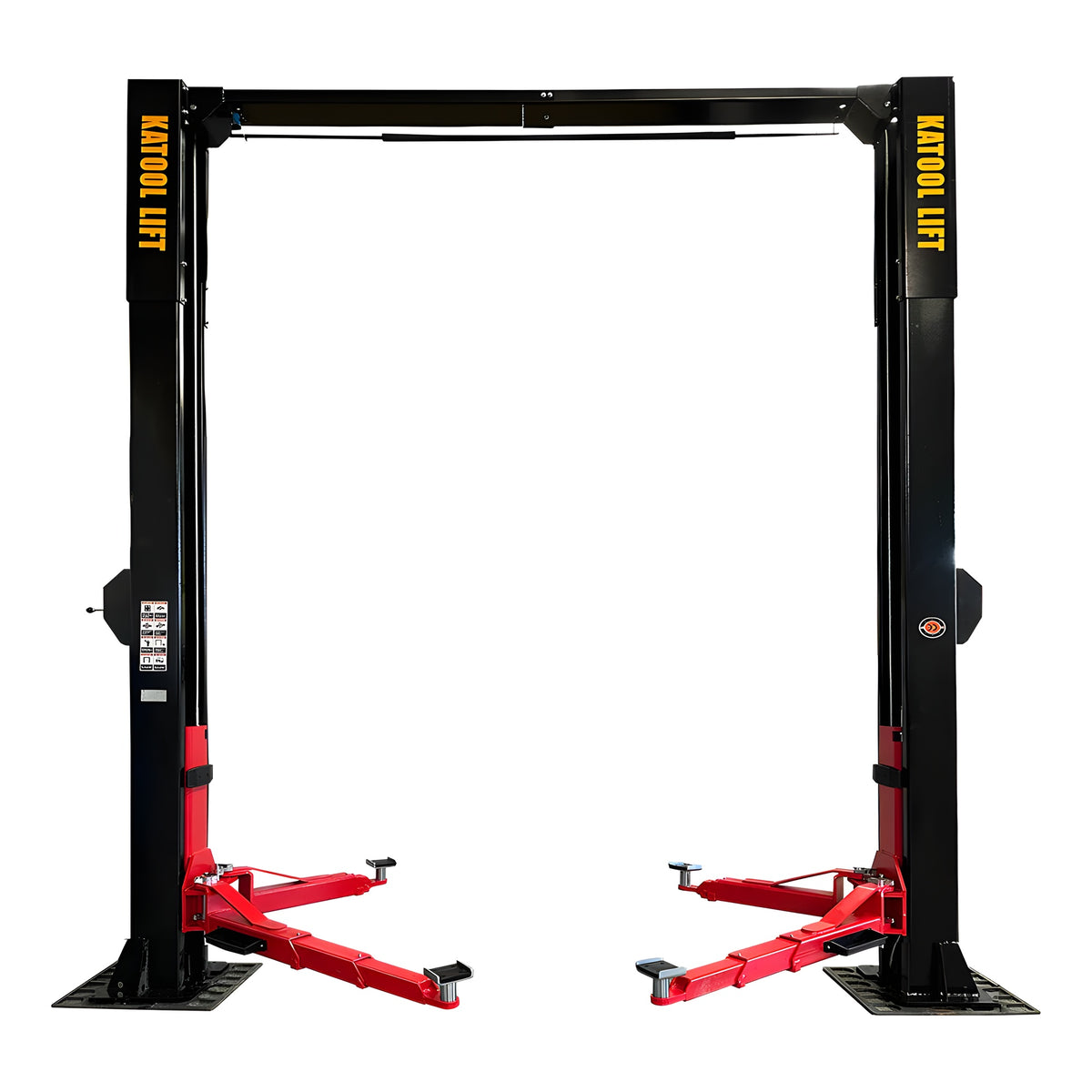 Katool KT-M150D 15,000 lb two post lift, front view with arms folded