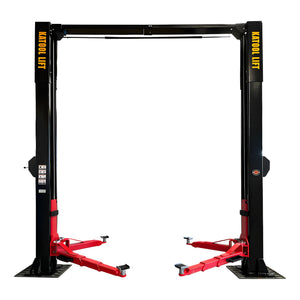 Katool KT-M150D 15,000 lb two post lift, front view with arms folded