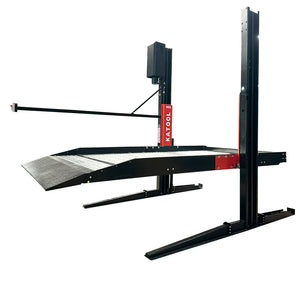 Katool KT-P2700 two-post parking lift, alternate three-quarter view with drive-on ramp