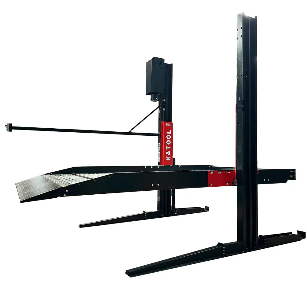 Katool KT-P2700 6,600 lb two-post parking lift, ramp side view with KATOOL branded column