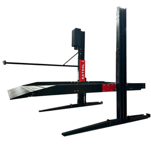 Katool KT-P2700 6,600 lb two-post parking lift, ramp side view with KATOOL branded column