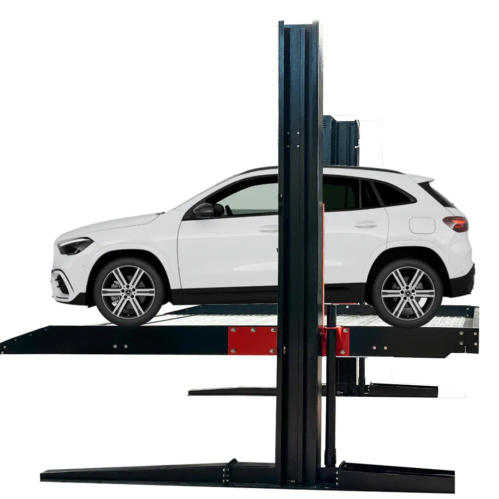 Katool KT-P2700 parking lift raised with a white SUV stored on the upper platform