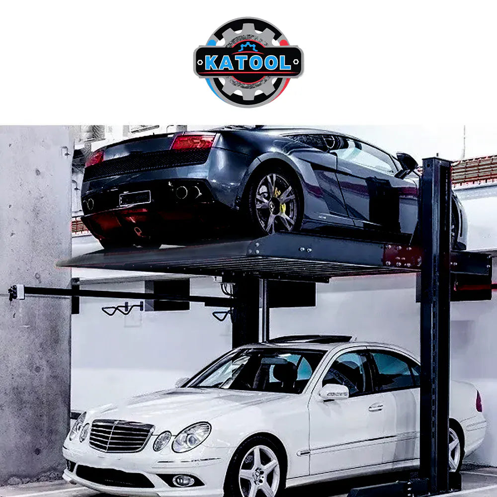 Katool KT-P2700 parking lift in a residential garage with one car parked above and another below