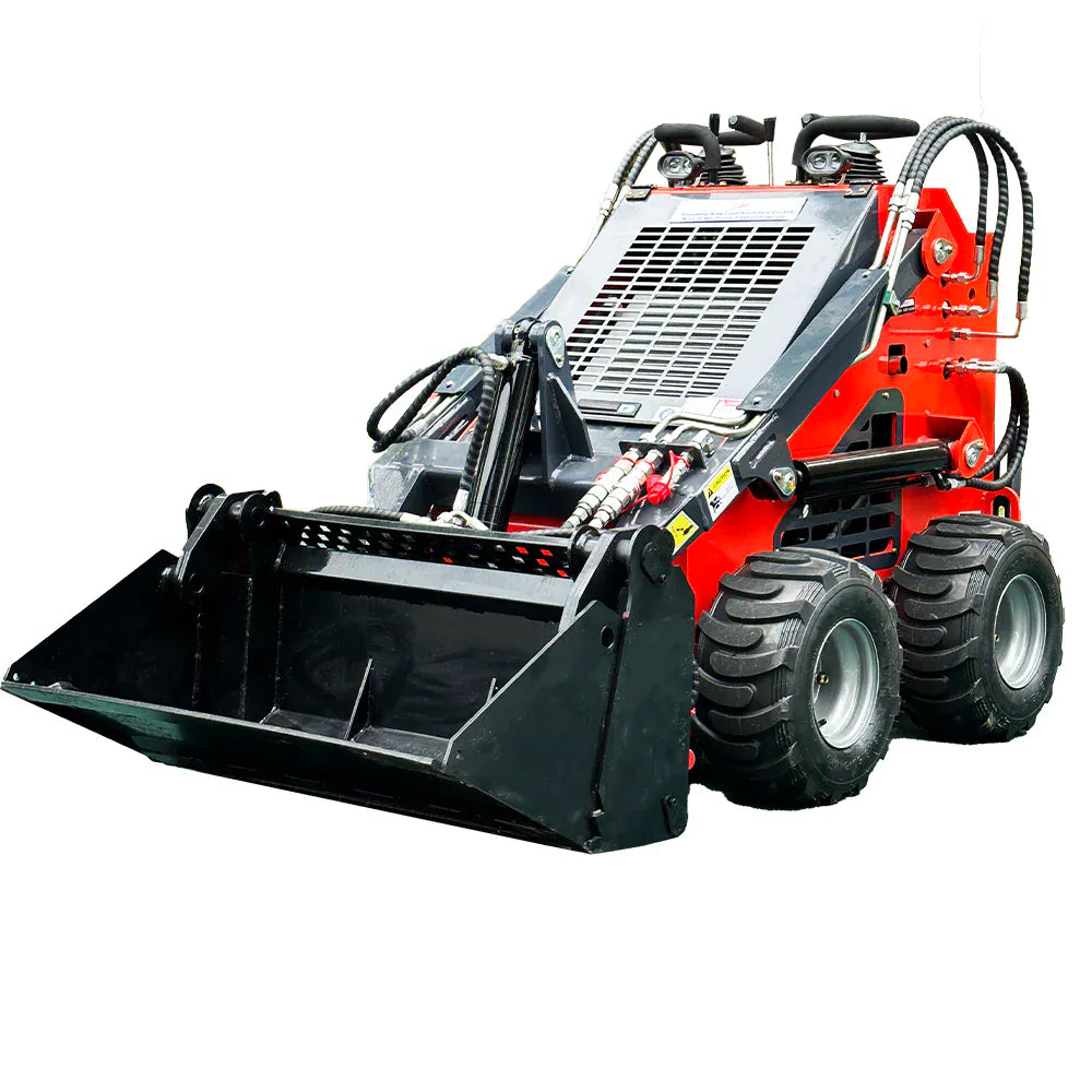 Katool KT-SK26W mini skid steer track loader, 23 HP RATO engine, front three-quarter view with bucket lowered