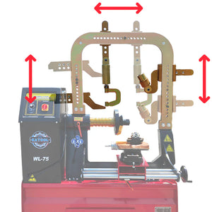 Katool KT-WL75 clamping yoke showing vertical and horizontal adjustment travel for varying wheel sizes