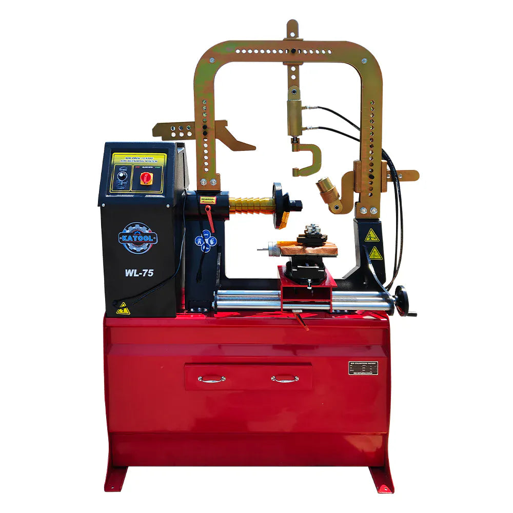 Katool KT-WL75 rim straightener and wheel lathe combo machine, front view showing clamping yoke, lathe bed and control panel