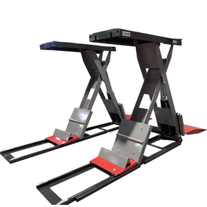 Katool KT-X99 scissor lift front-angle view, dual platforms with red approach ramps